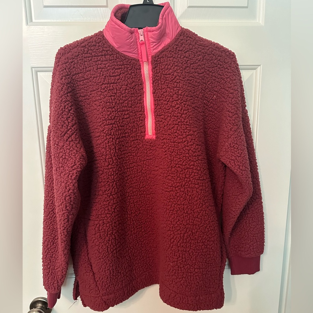 Small aerie 3/4 zip dream sherpa maroon/pink